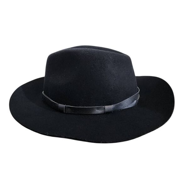 Kendall and Kylie Black Wool Fedora Hat with Faux Leather Trim One Size - Picture 1 of 8